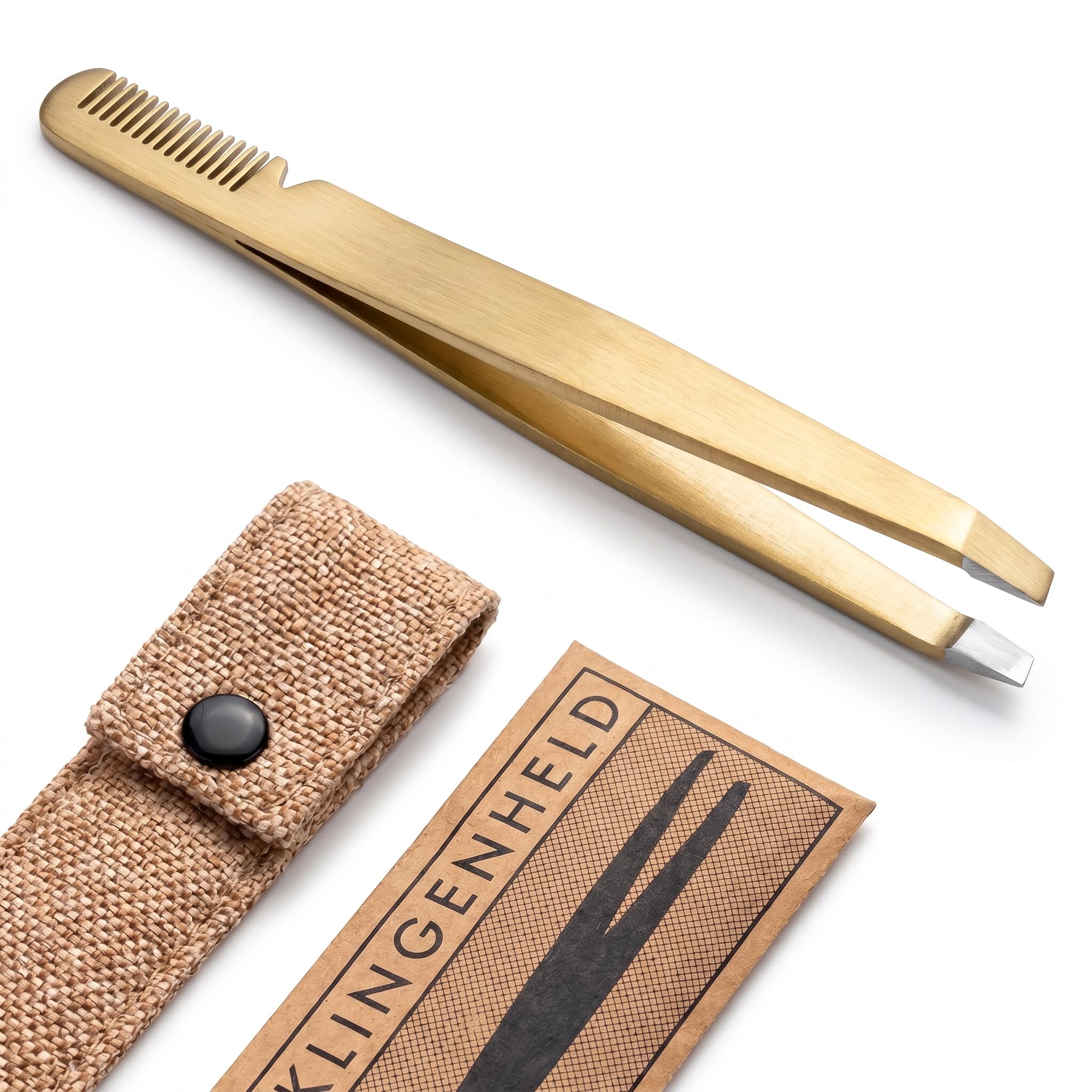 KLINGENHELD® Haargenaue Pinzette - greift jedes Haar beim 1. Versuch ohne durchrutschen - Pinzette Augenbrauen Zupfen handgeschliffen, schließt Jahr für Jahr bündig - Jute-Etui (50 Farben)