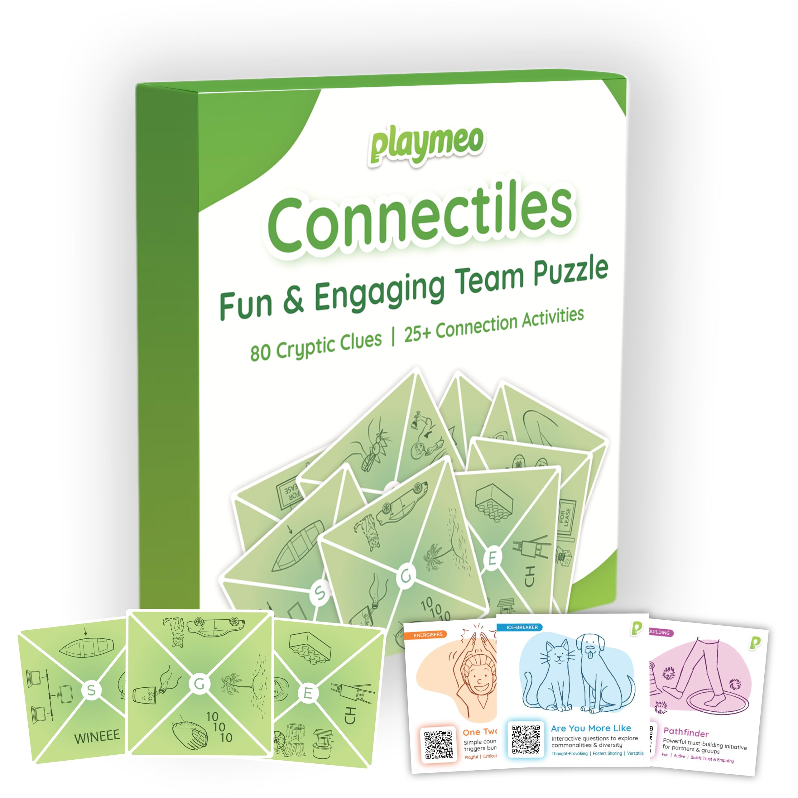 playmeo Team Building Games for Work - Connectiles 80 Cryptic Clues + 25 Bonus Ice Breaker Games to Boost Collaboration, Communication & Problem-Solving - for Corporate Workshops and Team-Builders