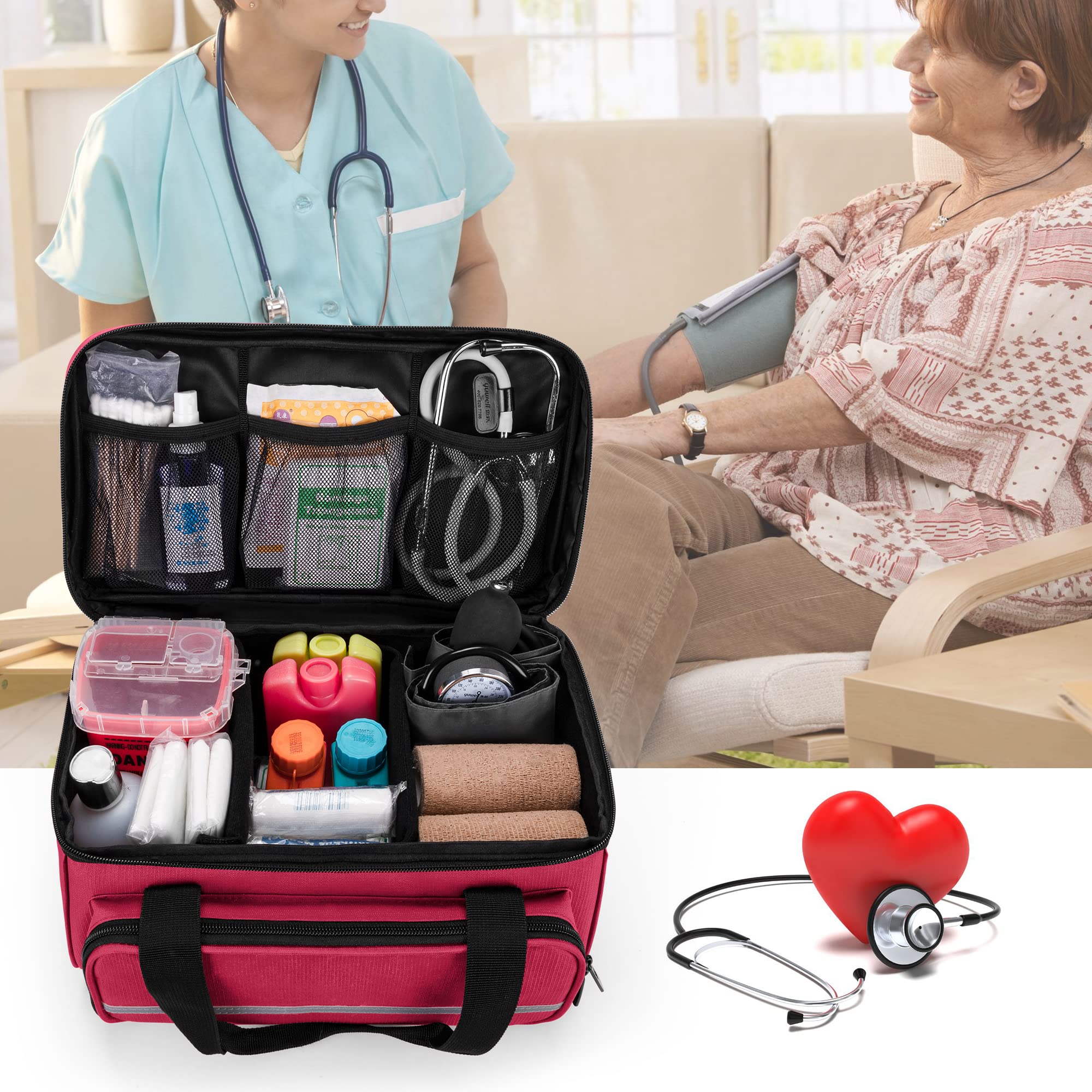 CURMIO Botiquín de Primeros Auxilios Vacia, Bolsa Enfermera Domiciliaria, Maleta de Primeros Auxilios, Bolsa Médica de Emergencia para el Viaje y Hogar, Rojo (Patente Pendiente)