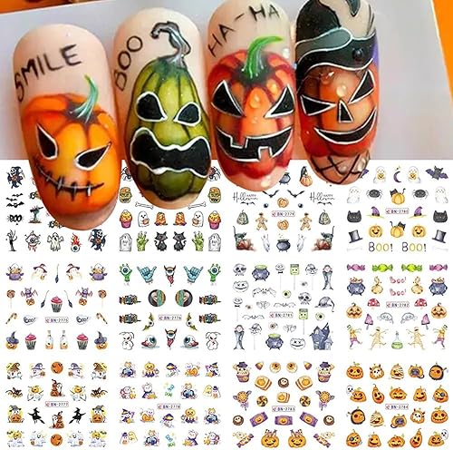 Calcomanías de arte de uñas de Halloween, 12 hojas de calcomanías de transferencia de agua para Halloween, calabaza, fantasma, araña, bruja,