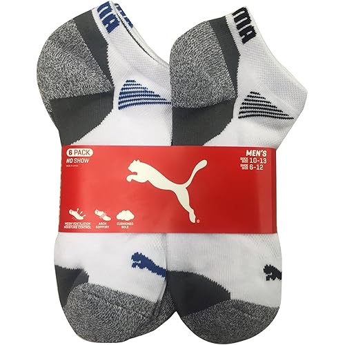 Puma Mens Low Cut All Sport No Show Socks 6-Pair stock size 10-13 shoe size 6-12, White/Grey