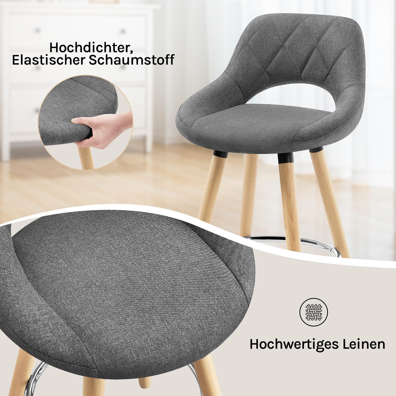 WOLTU Barhocker 2er Set, Barstuhl Küchenhocker Thekenhocker, Hocker mit Rückenlehne Fußstütze, aus Holz Leinen, für Bar Küche Theke Restaurant Café, Dunkelgrau, BH111dgr-2