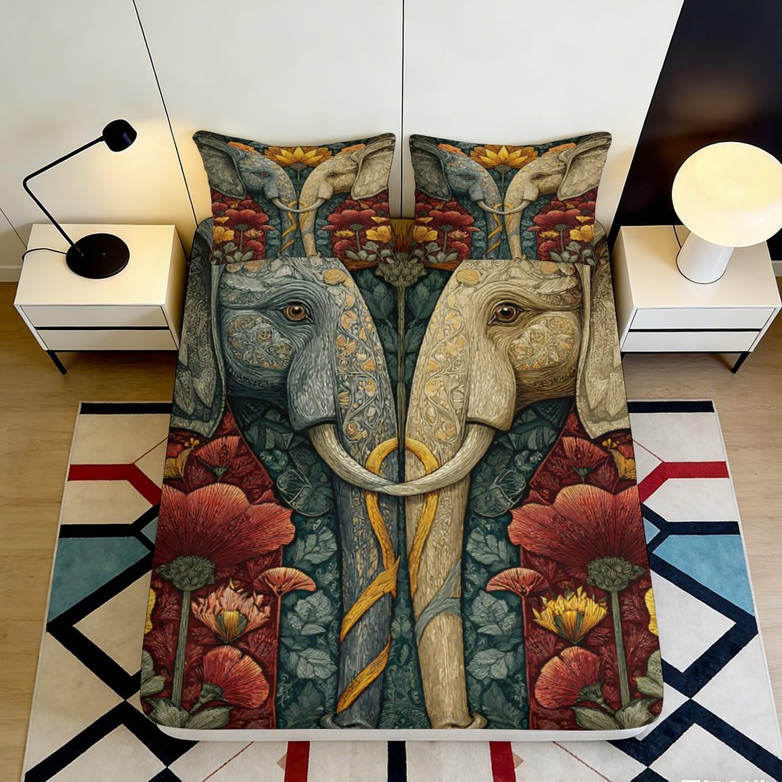 3D Printed Elephant Floral Fitted Sheet Microfiber Deep Pocket Elastic Hem Elephant Mattress Fitted Cover Washable Bedding 180x200x25cm