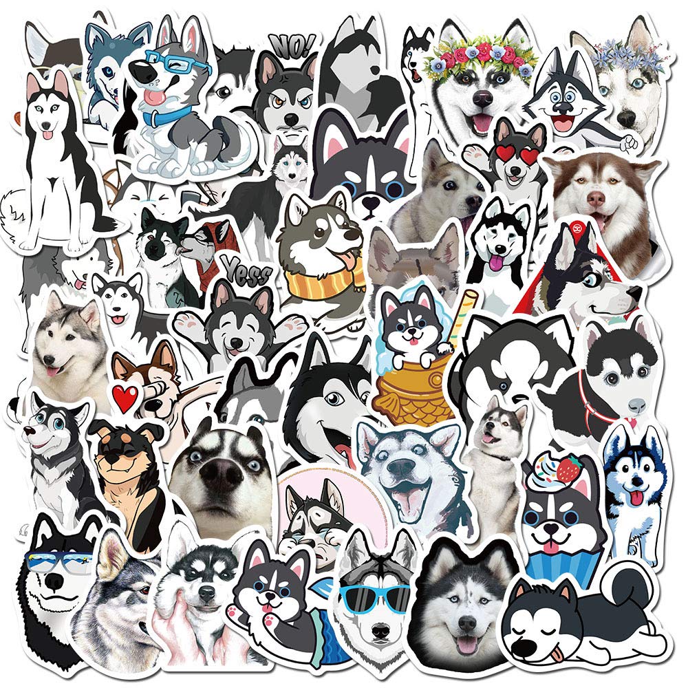 FUNWING 50 Pcs Siberian Husky Dog Stickers, Husky Dog Waterproof Vinyl Stickers for Water Bottles Laptop Luggage Cup Mobile Phone Skateboard Decals, Suitable for Kids, Boys, Girls, Teens and Adults