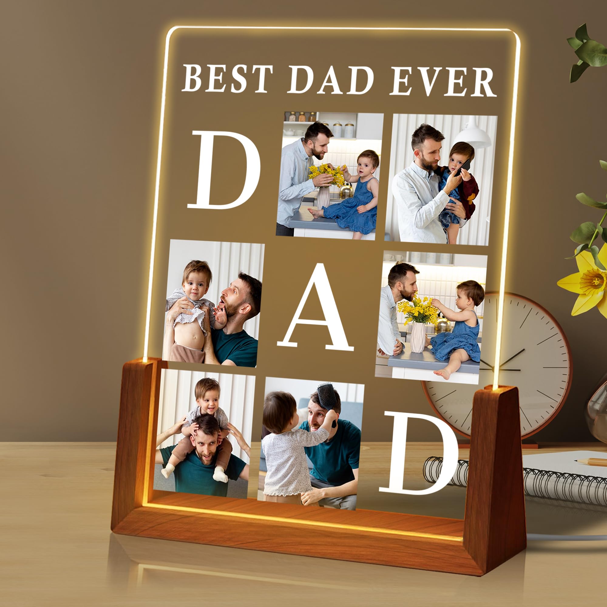 Personalized Fathers Day Birthday Gifts for DAD from Daughter Son Kids Wife, Custom Acrylic Plaque with Photo Frame Light Walnut Base Customized