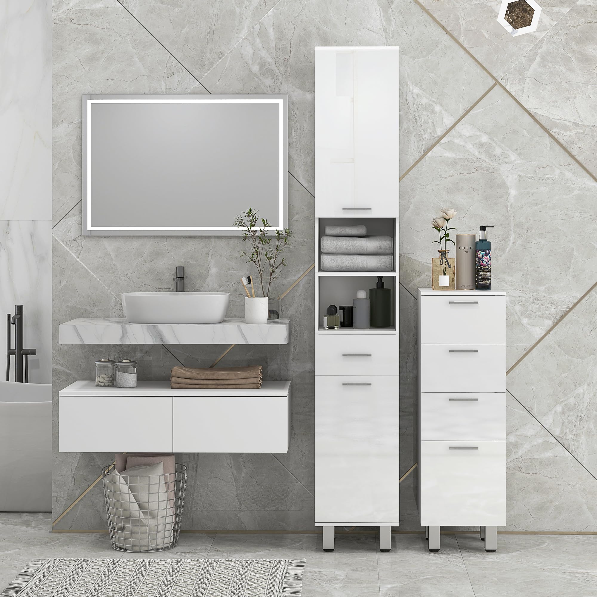 kleankin Meuble de Salle de Bain, Meuble de Rangement, Meuble de Toilette sur Pied avec 4 tiroirs et Base surélevée, Commode Salle de Bain, Salon, Chambre, 30 x 30 x 93 cm, Blanc Brillant