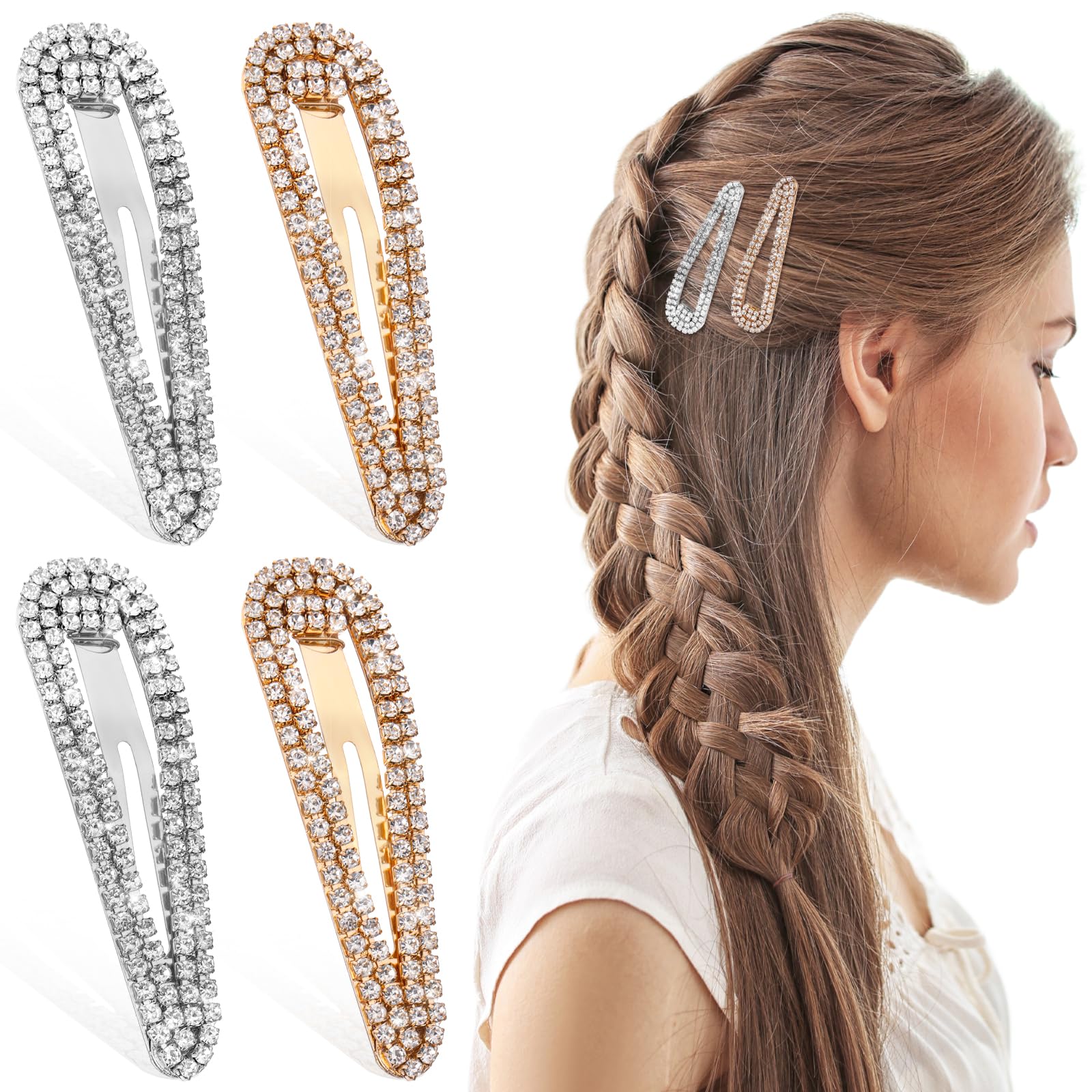 2 PCS Rhinestone Hair Clips, Metal Snap Hairpins Bling Duckbill Hairpins Silver for Women, Bridal, Wedding, Party, Prom