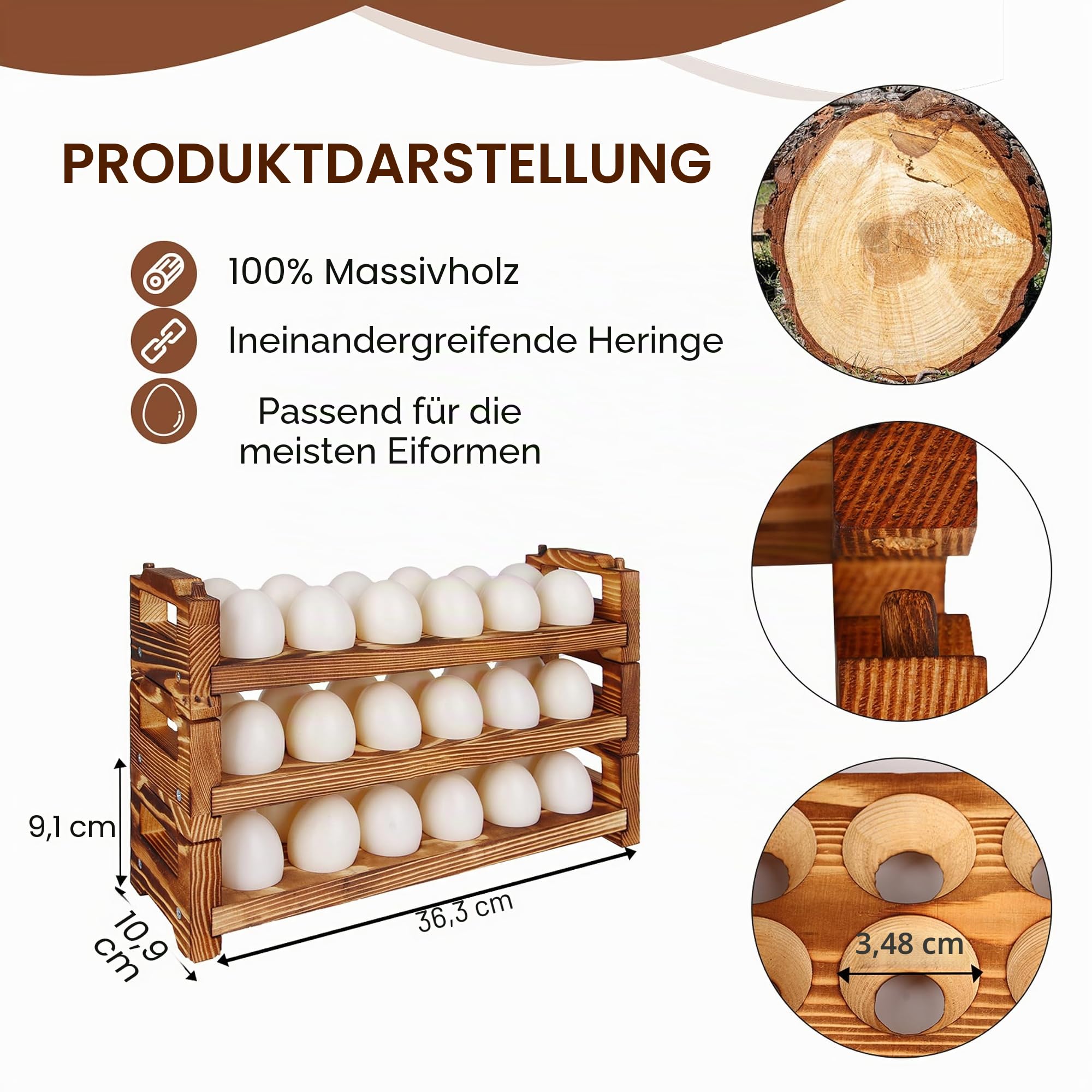 CVHOMEDECO. Holz Eierhalter, frische Eierhalter, Arbeitsplatte, Brennholz Eiersammelregal zum Sammeln von frischen Eiern, stapelbar mit 36 Eiern, Organizer für Zuhause und Küche, 3er Set