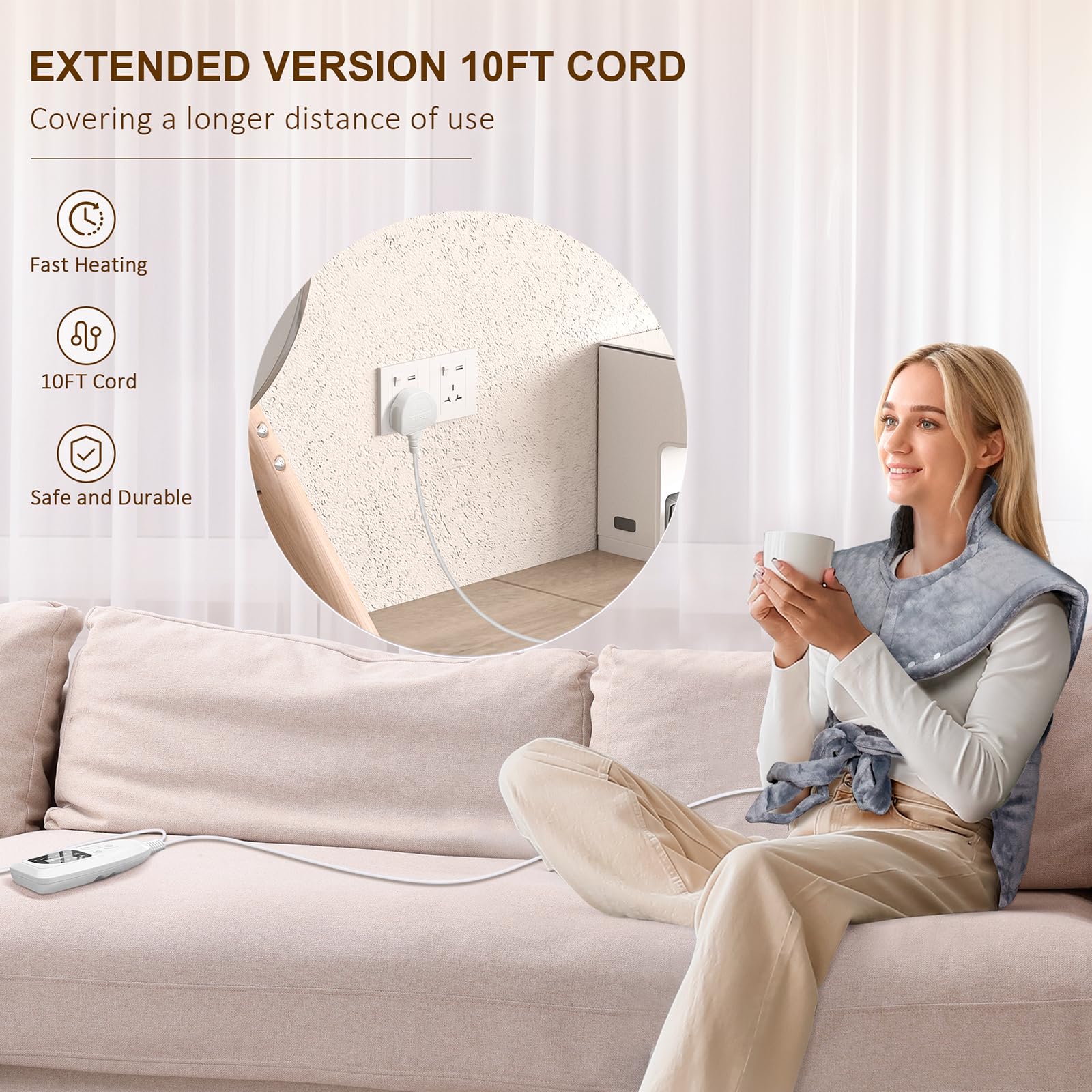 NALONE Coussin Chauffant dos Electrique Epaule et Nuque 63×100cm, 6 Niveaux de Chaleur, minuterie d'arrêt Automatique de 4 heures, Ceinture, Chauffe-dos, Flanelle, Lavable en Machine
