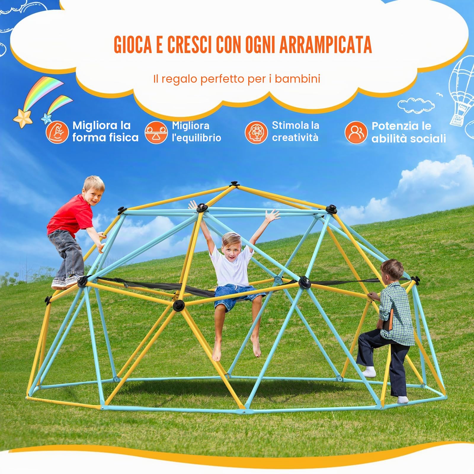 VEVOR Cupola da Arrampicata Geometrica per Bambini da 3 a 10 Anni, Cupola d'Arrampicata 305 cm con Amaca e Altalena, Portata 340 kg, con Maniglia da Arrampicata, Parco Giochi per Interno Esterno