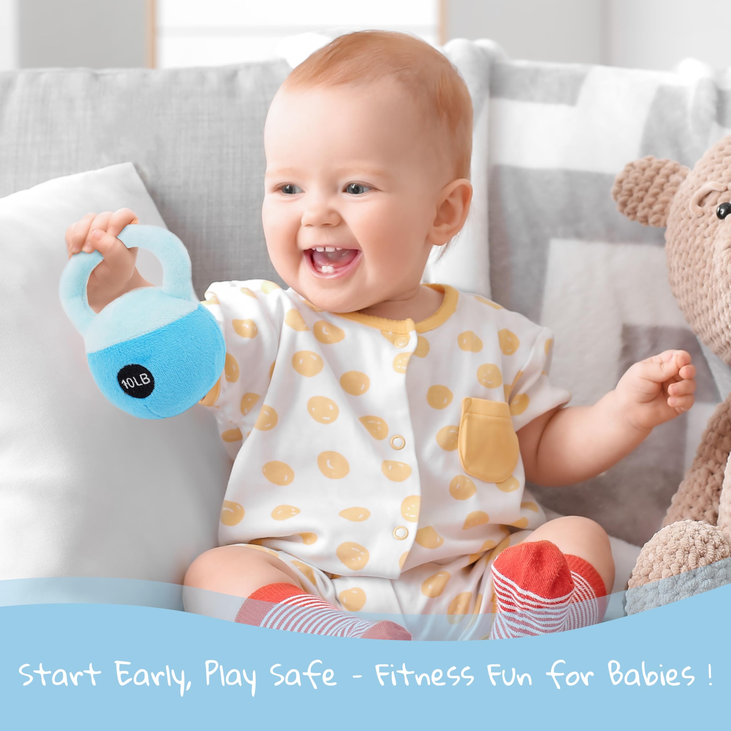 Lullaberry 12cm My First Kettlebell Sensory Toy for Infants, Soft Baby Rattle Toy in Blue, Safe and Easy to Grip - Image 4
