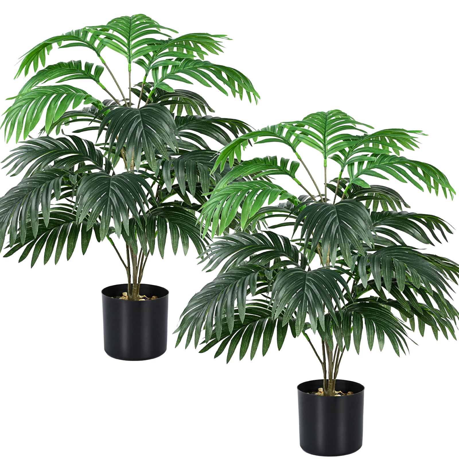 Dolicer 2 PCS 28'' Artificial Palm Plant, Faux Tropical Areca Palm Tree, Fake Hawaiian Palm Trees with Planter Large Leaves for Indoor Outdoor Home Office Party Modern Decoration