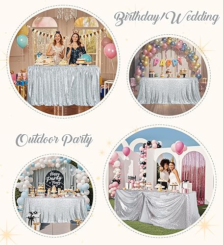 Miniatura 3 de Juya Delight Mantel rectangular de lentejuelas plateadas de 60 x 120 pulgadas para bodas, fiestas de cumpleaños, festivales, ceremonias, pasteles,