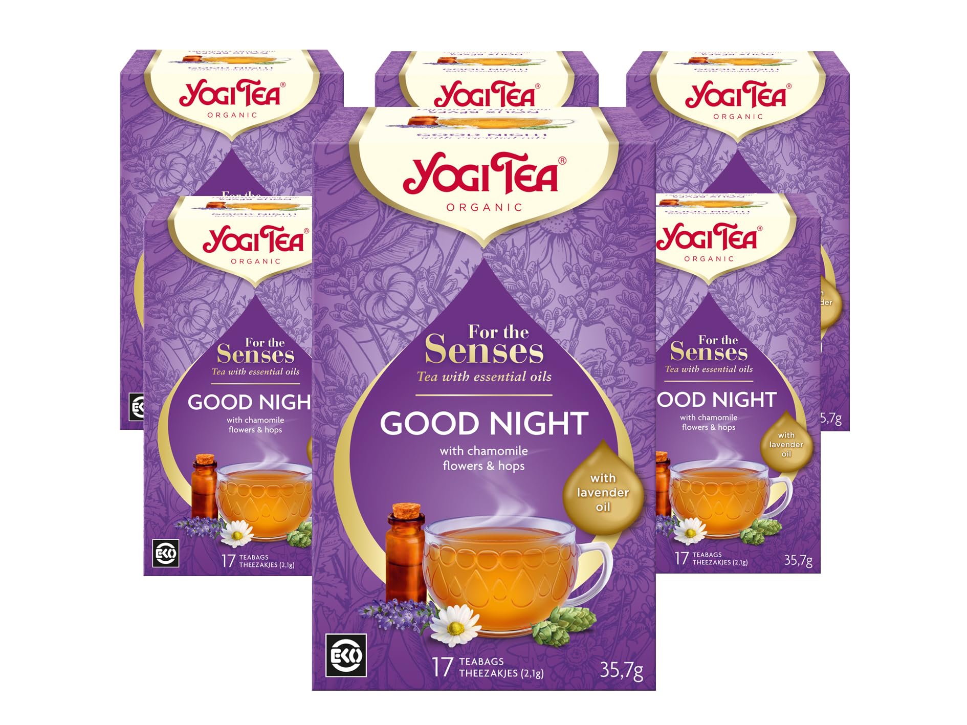 For The Senses, Good Night, Organic Herbal Tea with Essential Oils, Naturally Caffeine Free, Blend of Lavender, Chamomile and Hops, 6 Packs x 17 Tea Bags (102 Teabags Total)