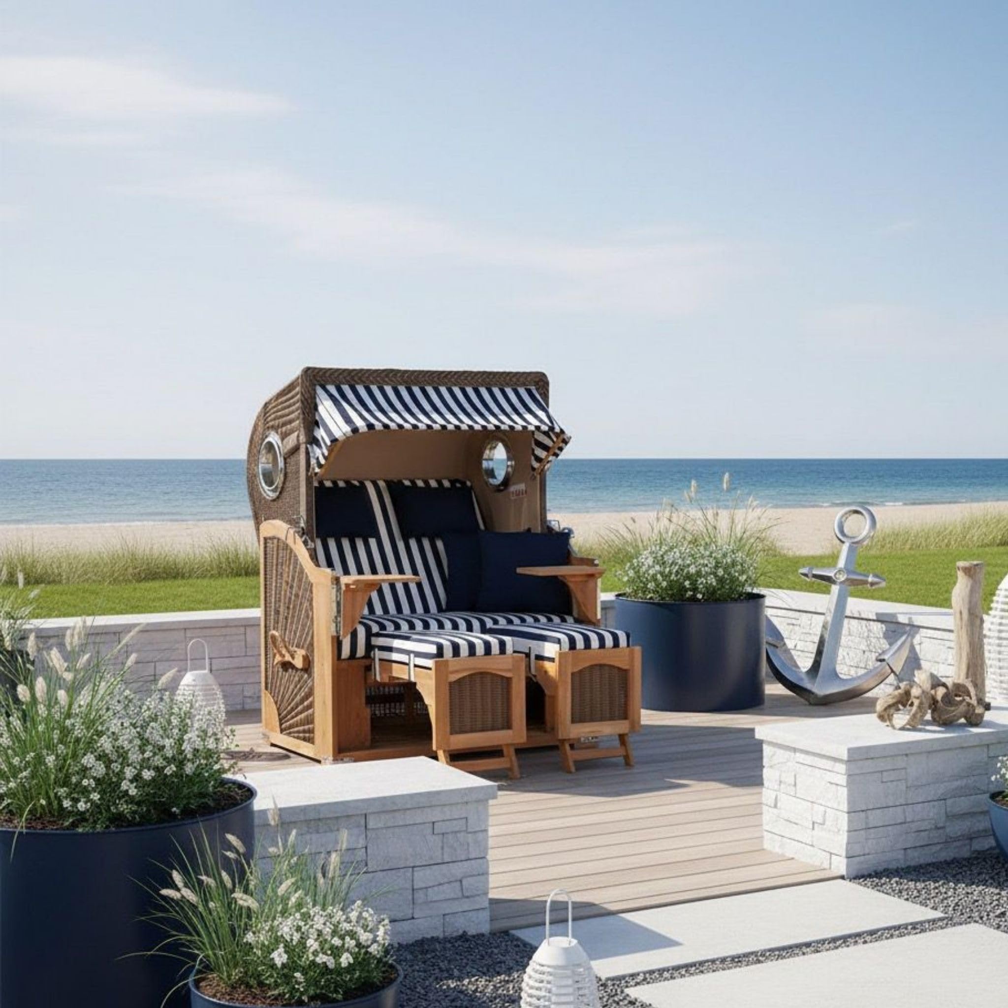 MR. DEKO® Strandkorb Düne Teak 2-Sitzer Bullauge | PE Geflecht Grey | Volllieger Strandstuhl verstellbar | inkl. 4 Kissen Wechselpolster | Strandkörbe fertig montiert aus Teakholz | (Dessin 518)