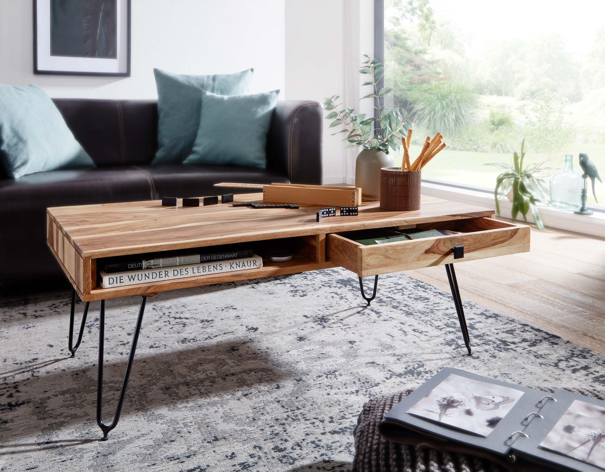 FineBuy Couchtisch 110x60x40 cm Akazie Massivholz, Hairpin Beine | Wohnzimmertisch Industrial mit 2 Schubladen und Ablagefächern, Sofatisch aus Echtholz, handgefertigt