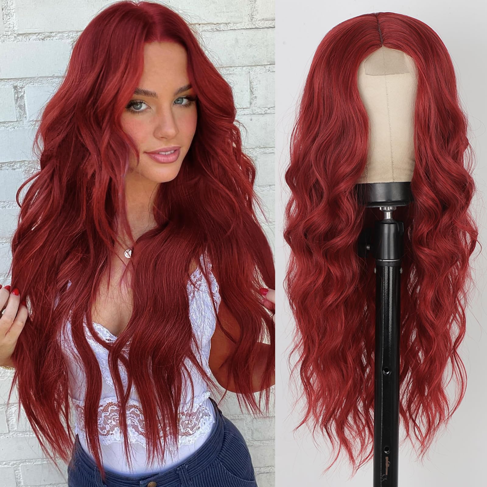 AISI QUEENS Red Wig Long Wavy Red Wigs for Women 24 Inches Wavy Middle Part Hair Heat Resistant Fiber Curly Cosplay Wig for Girls Daily Halloween Use