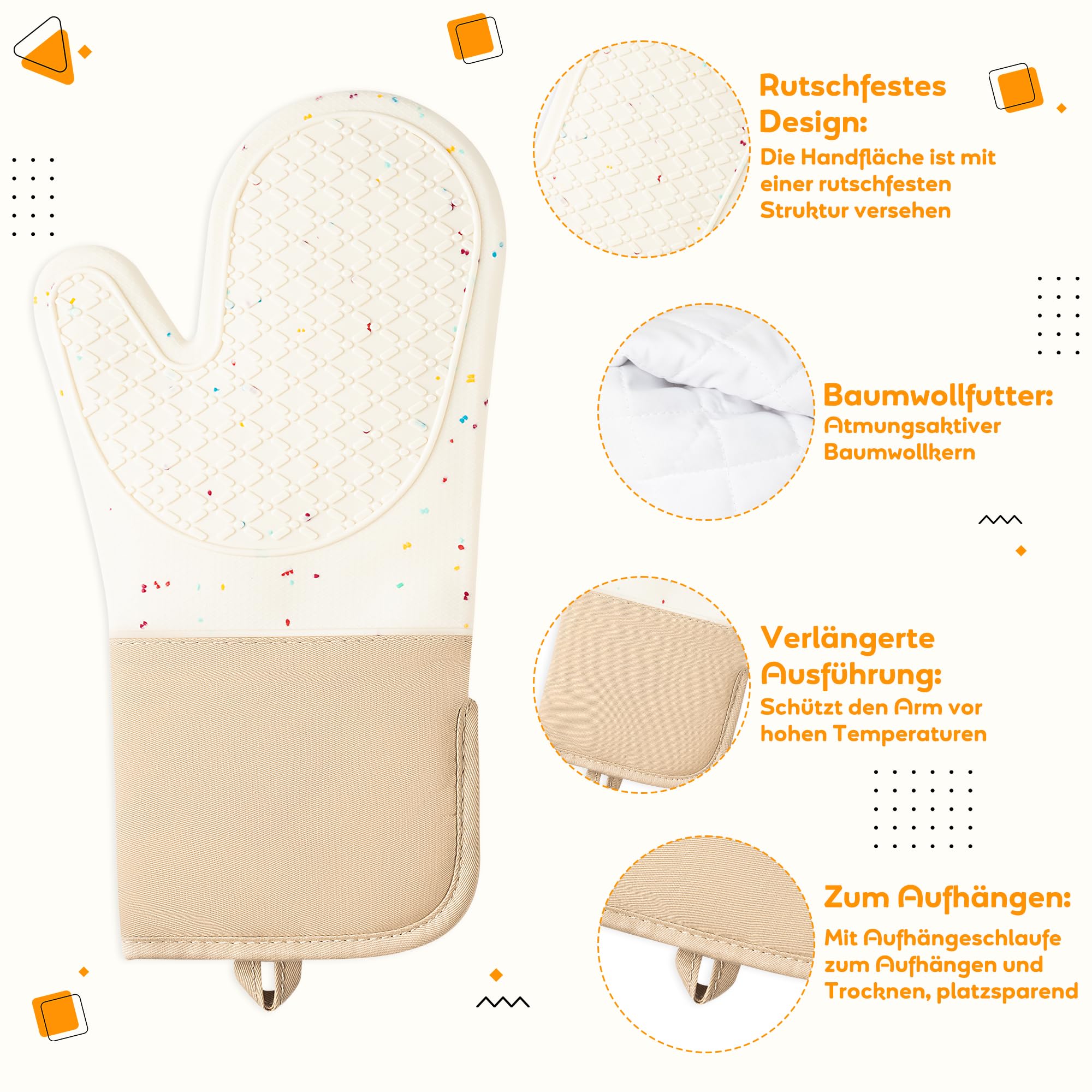 Ofenhandschuhe Topflappen Topfhandschuhe Set 6-teilig – hitzebeständig, aus Silikon & Baumwolle, rutschfest, mit Silikonpinsel und Untersetzer für Backen, Kochen und Grillen, Weiß