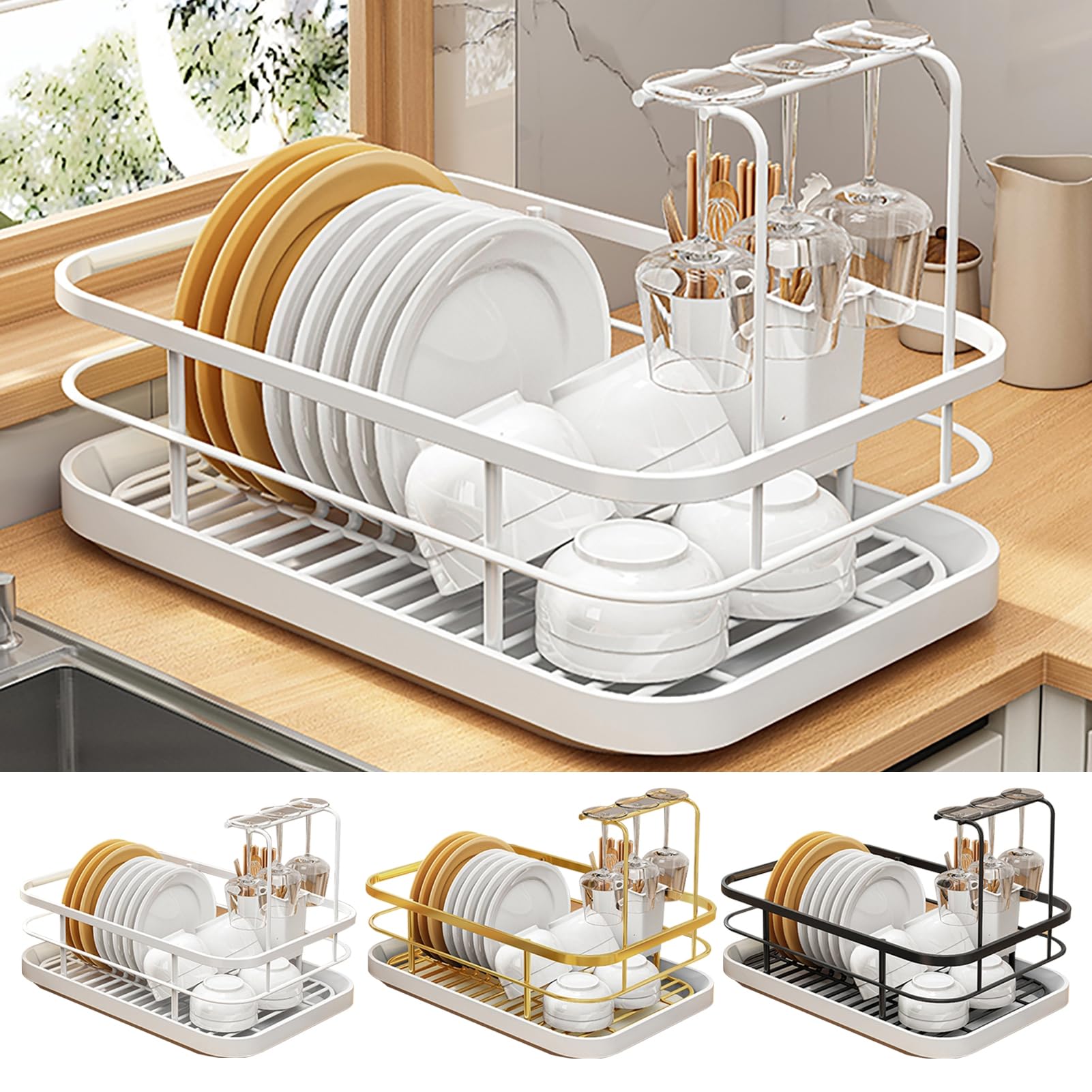 Égouttoir à vaisselle réglable en acier inoxydable avec support à couverts - Design ventilé - Doré
