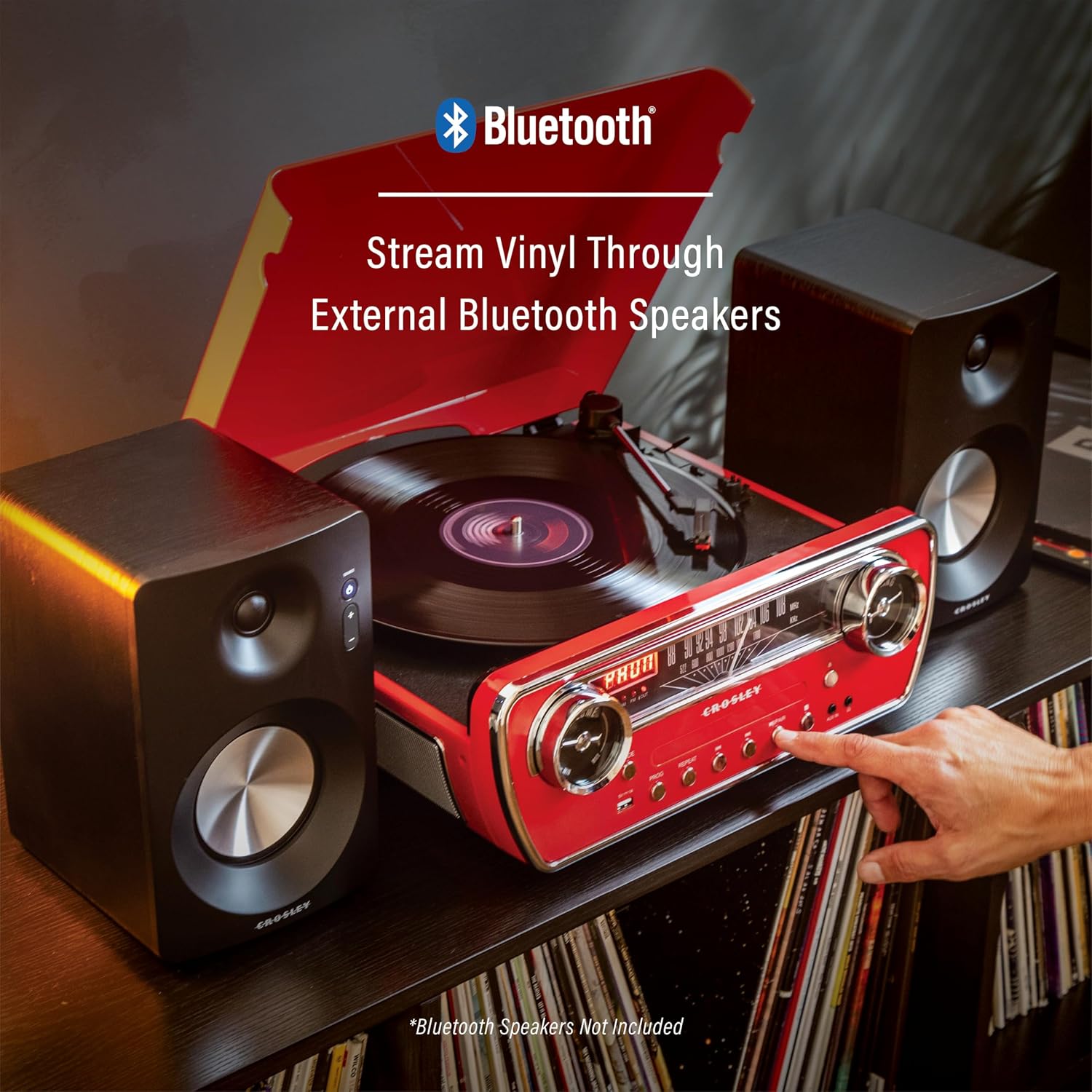 Crosley CR6047A-RE Powel 7-in-1 Bluetooth in/Out Vinyl Record Player with AM/FM Radio, CD Player, and Aux-in, Red