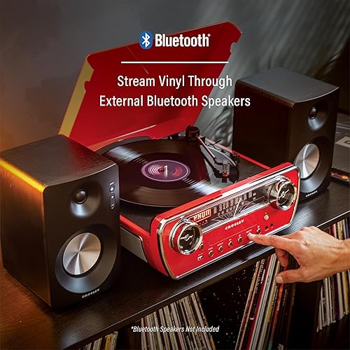 Miniatura 4 de Crosley CR6047A-RE Powel - Reproductor de discos de vinilo Bluetooth 7 en 1 con radio AMFM, reproductor de CD y entrada auxiliar, rojo