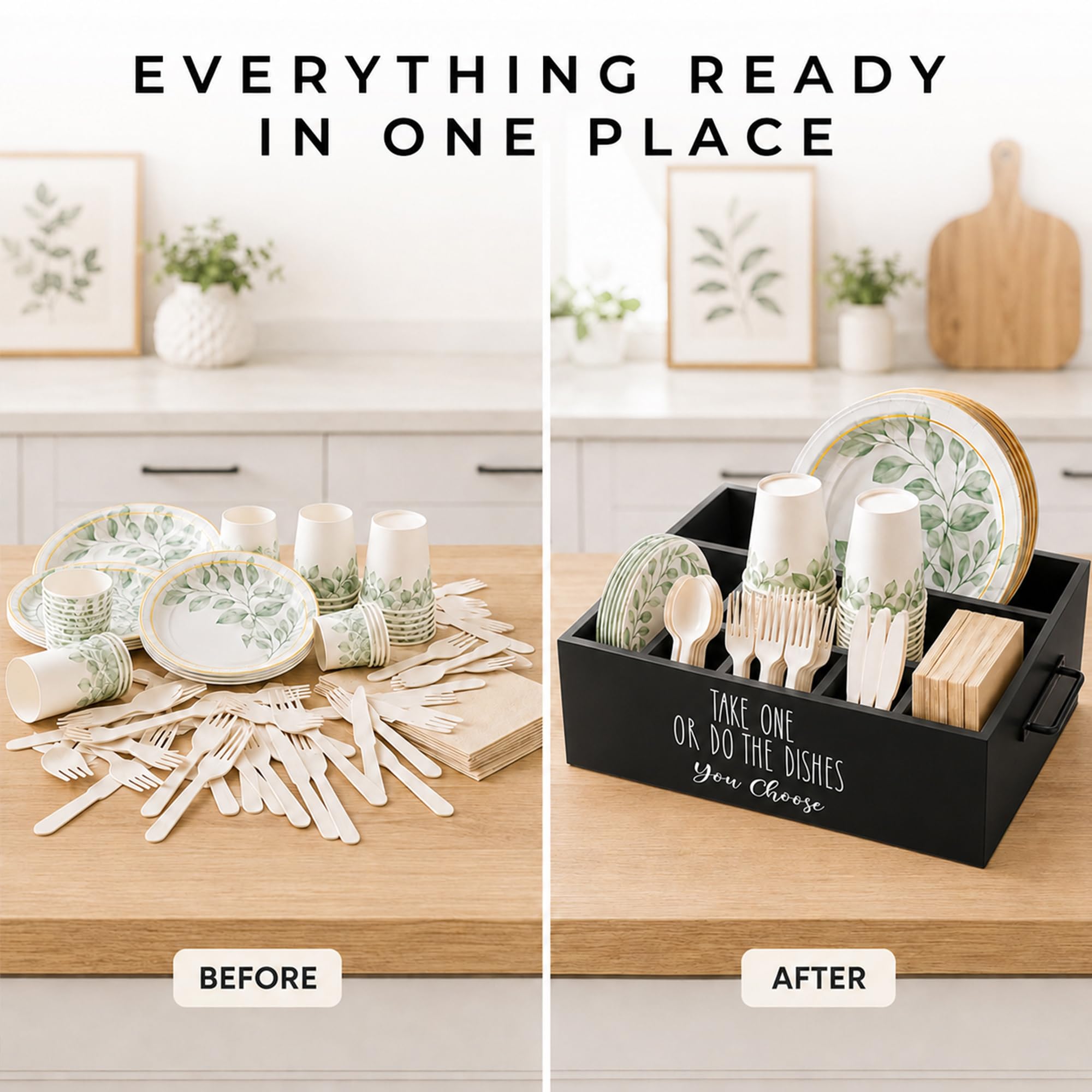Soporte para platos de papel, organizador de cubiertos de plástico, dispensador de utensilios de plástico para fiestas, bufés, camping, barbacoa, cuchara, tenedor, cuchillos, platos, vasos
