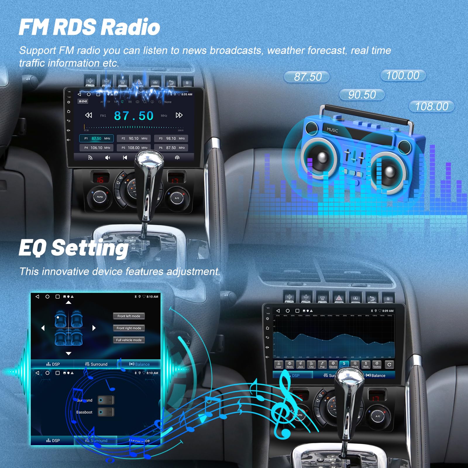 Android 2G+64G Autoradio pour Peugeot 3008 2009-2015, Wireless Carplay & Android Auto Radio à Écran Tactile 9 Pouces avec WiFi/GPS/Bluetooth/EQ/FM RDS Radio+Caméra de Recul +Mic