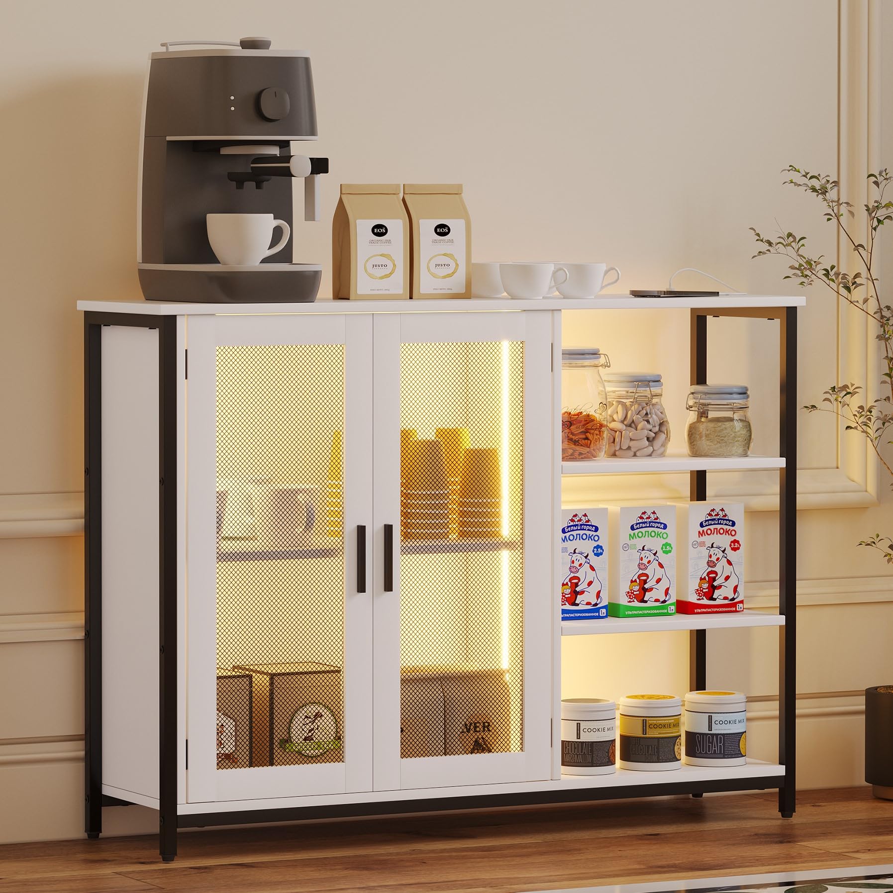 LVSOMTLED Farmhouse Coffee Bar Cabinet, Wine Cabinets with Removable Wine Rack, Buffet Cabinet with Motion Sensor for Kitchen, Dining Room (Pure White-43.3''L)