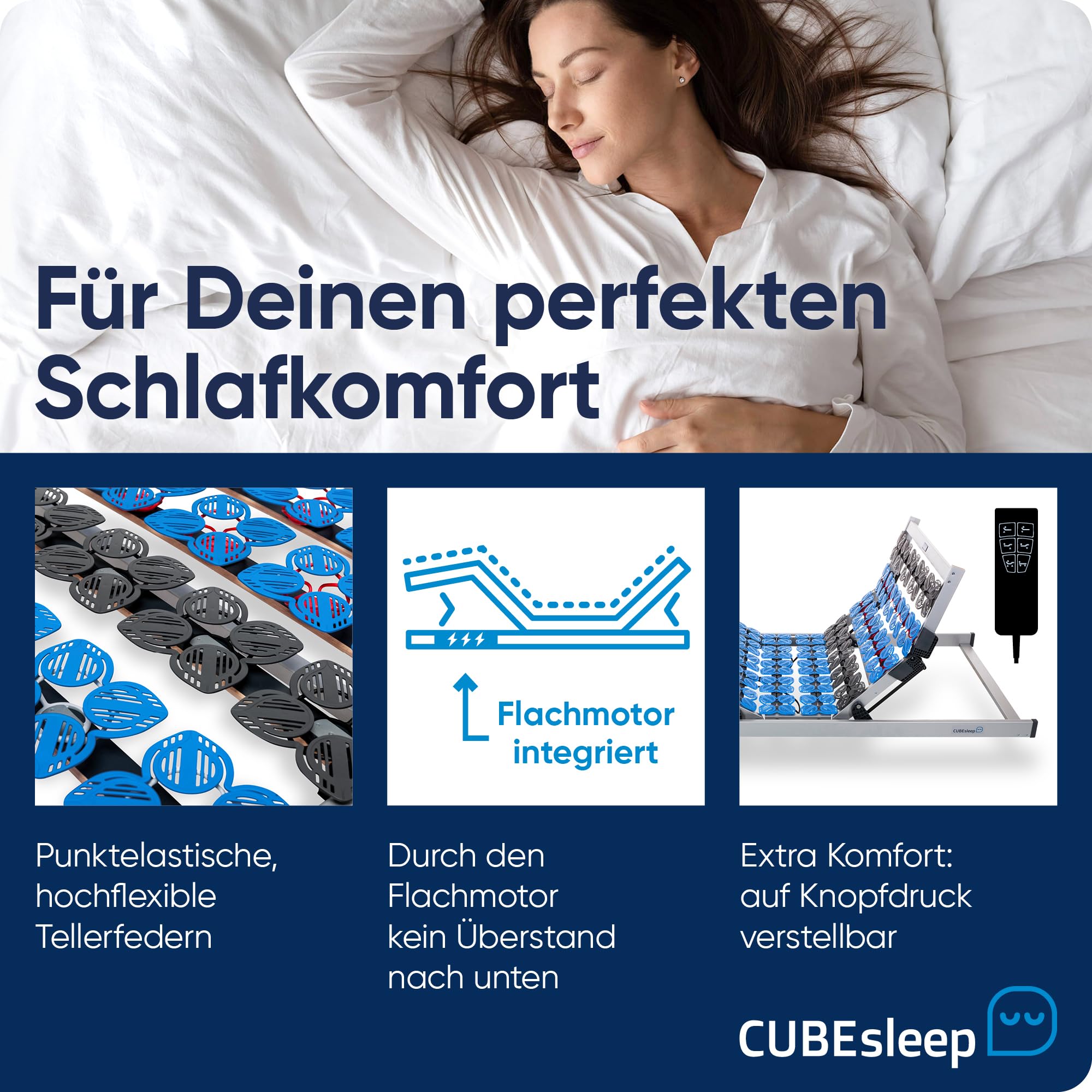 CubeSleep 7-strefowy stelaż pod materac Cloud 90x200 cm | Regulacja elektryczna zagłówka i podnóżka | Wyprodukowano w Niemczech | Certyfikat GS - przetestowana bezpieczność | gotowy do użytku