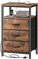 Huuuger Nightstand with Charging Station, 27.6" Bedside Table, 3 Fabric Drawers, USB Ports & Outlets, Rustic Brown End Table for Bedroom