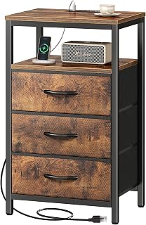 Huuger Rustic Brown Nightstand with Charging Station, 3 Fabric Drawers & USB Ports - 27.6" Bedside Table for Bedroom