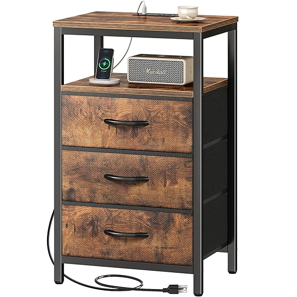 Huuger Nightstand with Charging Station, 27.6 Inch Bedside Table with Fabric Drawers, End Table with USB Ports and Outlets, Night Stand for Bedroom, Rustic Brown