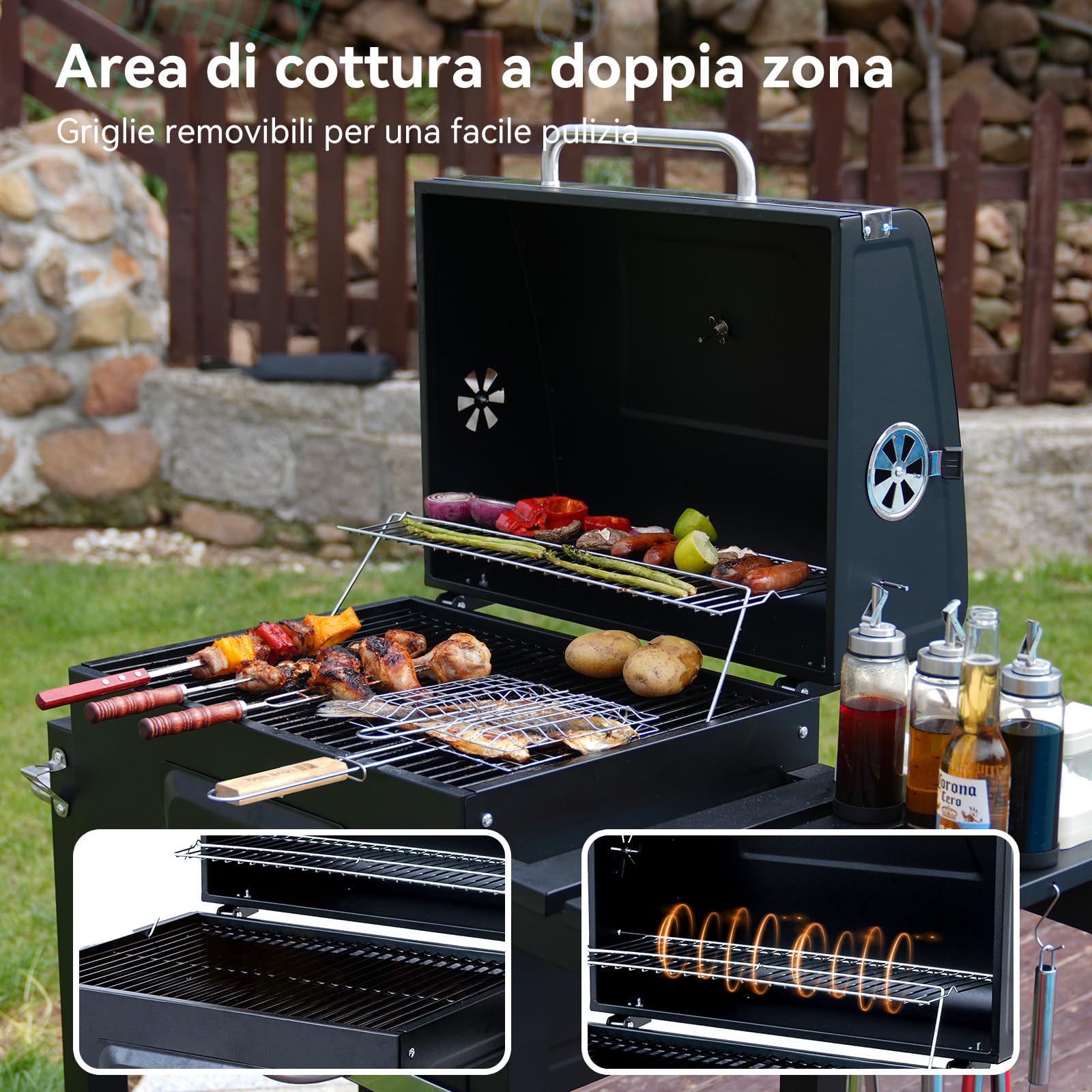 Barbecue a Carbonella, Barbecue con Coperchio, Superficie Cottura: 56×42,5 cm, Vassoio Carbone Regolabile in Altezza, Tavolino Laterale Pieghevole, Con Copertura Barbecue da Esterno