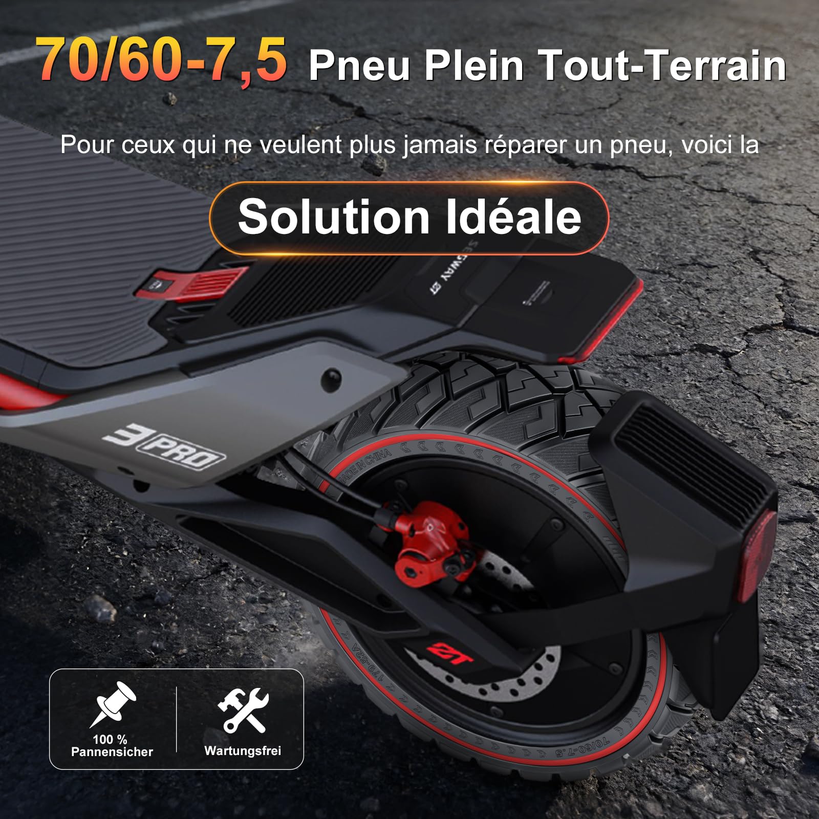 70/60-7,5 Pneu Plein pour Segway ZT3 Pro, ZT3 Pro D et E Trottinettes électriques, Pneus de Remplacement. Pneus Pleins Tout-Terrain Antidérapants, Increvables (Rouge, 2 Pièces)