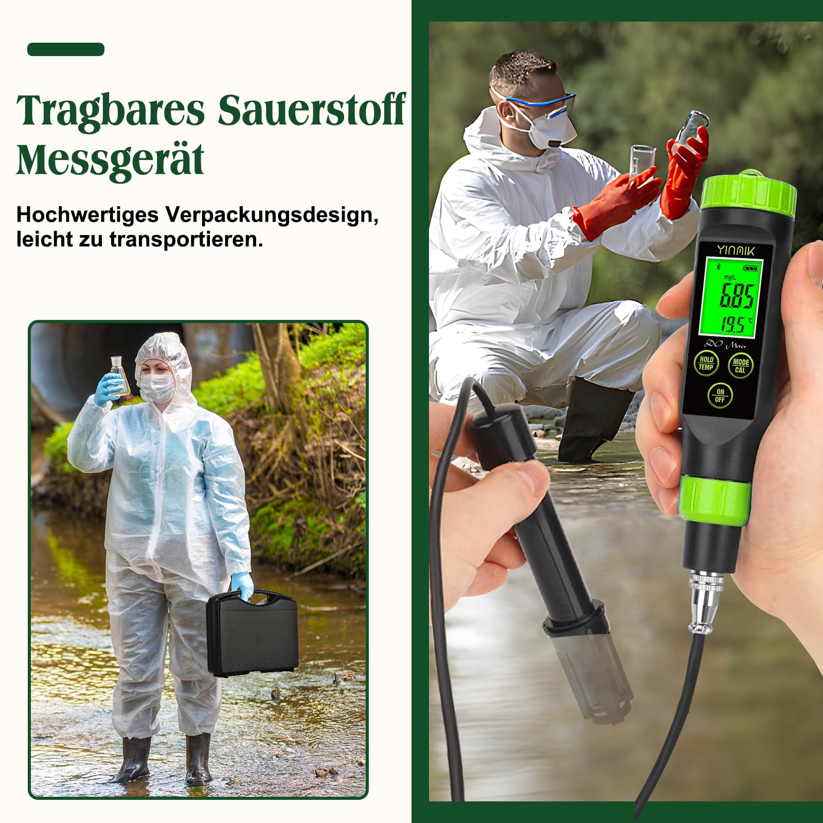 YINMIK Intelligentes Sauerstoff Messgerät Tragbares Sauerstoff Messgerät | Aquaponik Sauerstoff Test Set, Digitaler Sauerstoff Tester Wasser für Aquarium Fischbecken Hydrokultur Bierwürze Teiche
