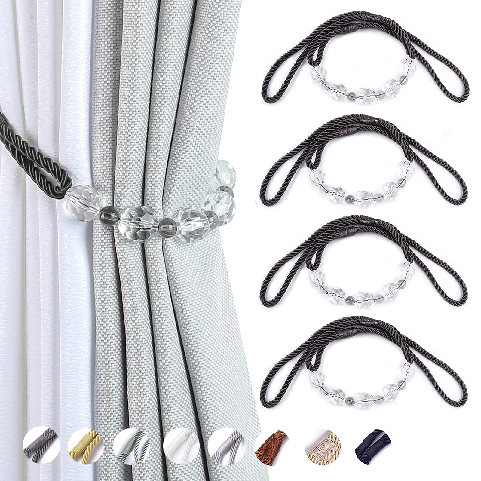Tassel Curtain Tiebacks， Curtain Tiebacks 4 Pack Multicolor 31. inches Braided Rope With Crystal Beads(Charcoal)