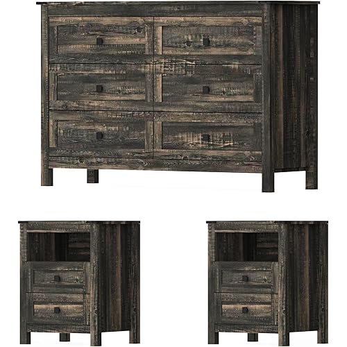 Farmhouse 6 Drawer Dresser & 2 Nightstand Set for Bedroom, Wood Dresser with Metal Handle for Bed Room, Hallway, Light Black Rustic Oak