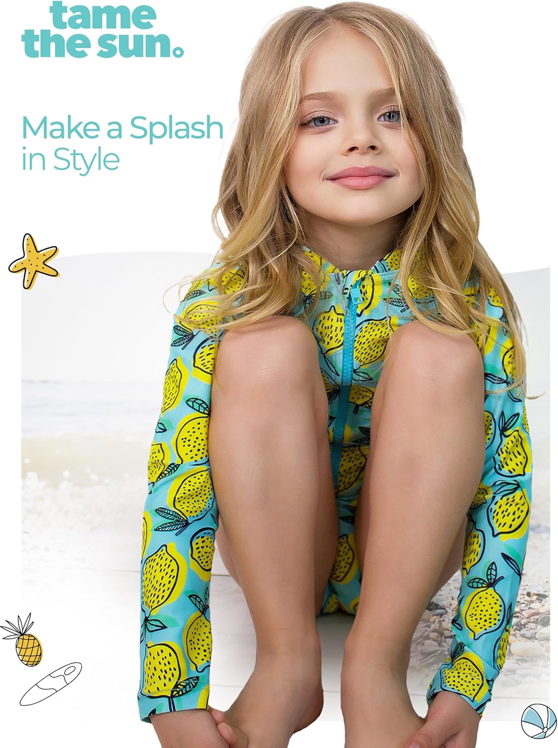 Tame the Sun Long Sleeve Girls' Swimsuit - Rash Guard with Frills, UPF 50+ Zipper Swimwear - Bathing Suit for Ages 3-12