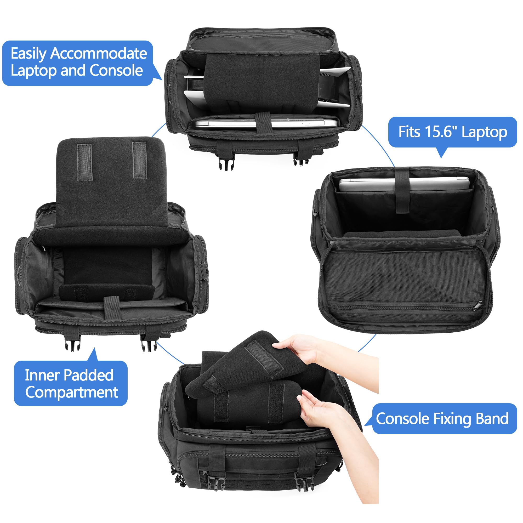 PGmoon Bolsa de transporte compatible con PS5/PS5 Pro/PS4/Xbox, bolsillo táctico para controladores, consola de viaje con compartimentos para portátiles de 15,6 pulgadas | Bolsa de transporte con varios compartimentos para portátiles de 15,6 pulgadas, con
