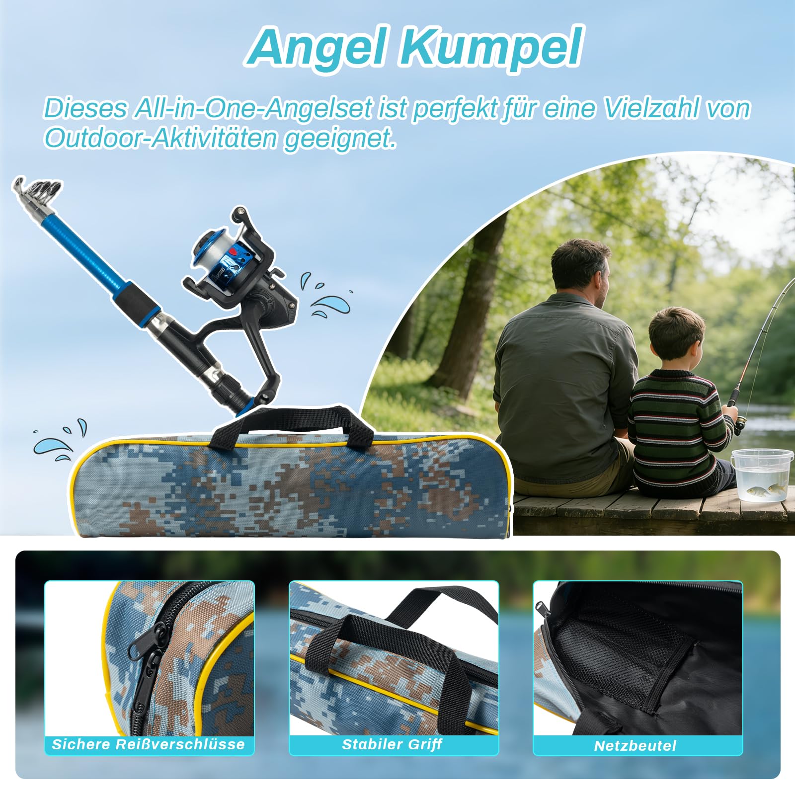 Angelset für Kinder, 2 Stück 1,8m Kinderangel Starter Set, Kohlefaser Teleskop Angelruten mit 5.2:1 Spinnrolle, Angelset Komplett Anfänger mit Köder, Angelzubehör Tragetasche, Süßwasser & Salzwasser