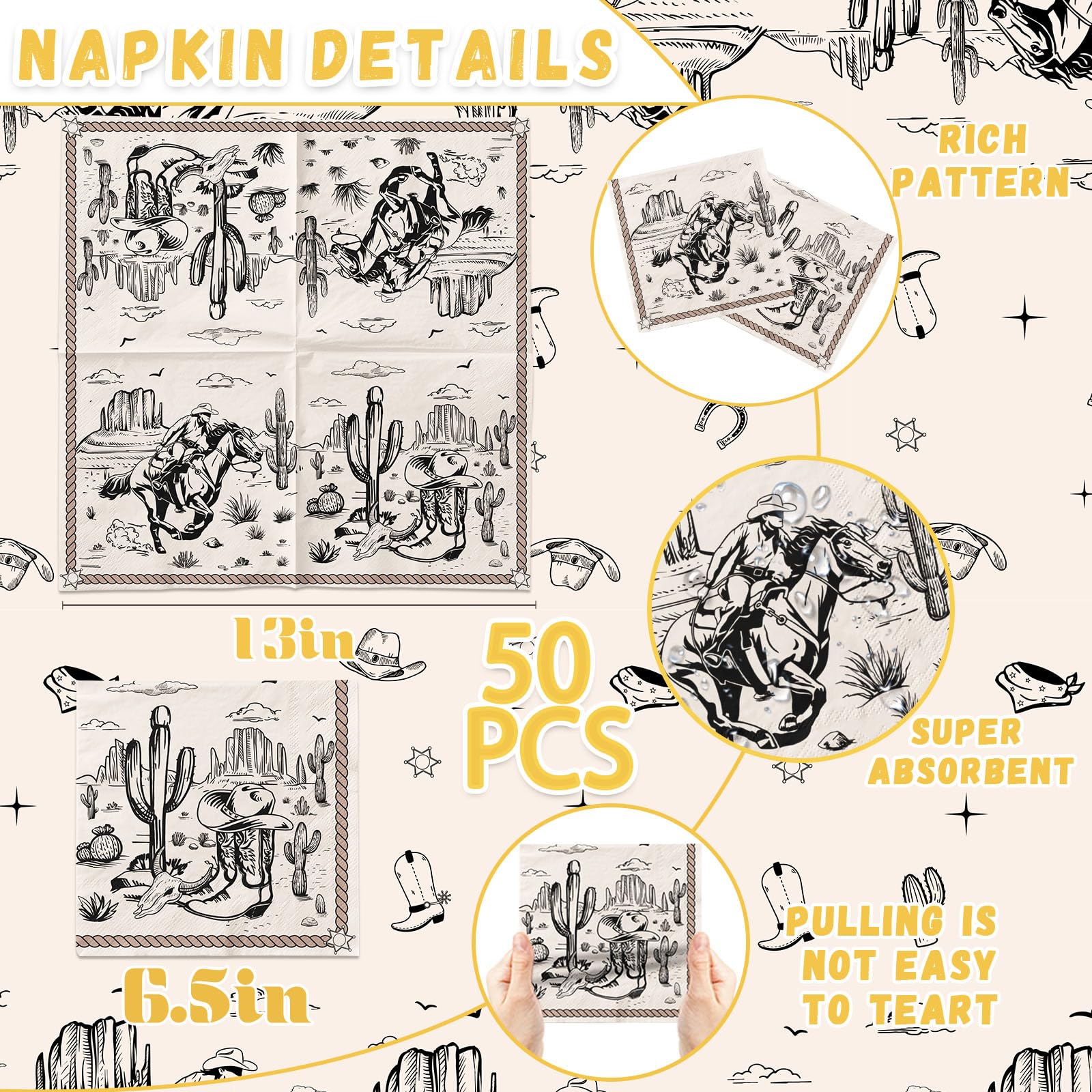 50Pcs Cowboy Paper Napkins Western Party Decorations Brown Wild West Rodeo Disposable Luncheon Dinner Napkins for Cowboy Birthday Baby Shower