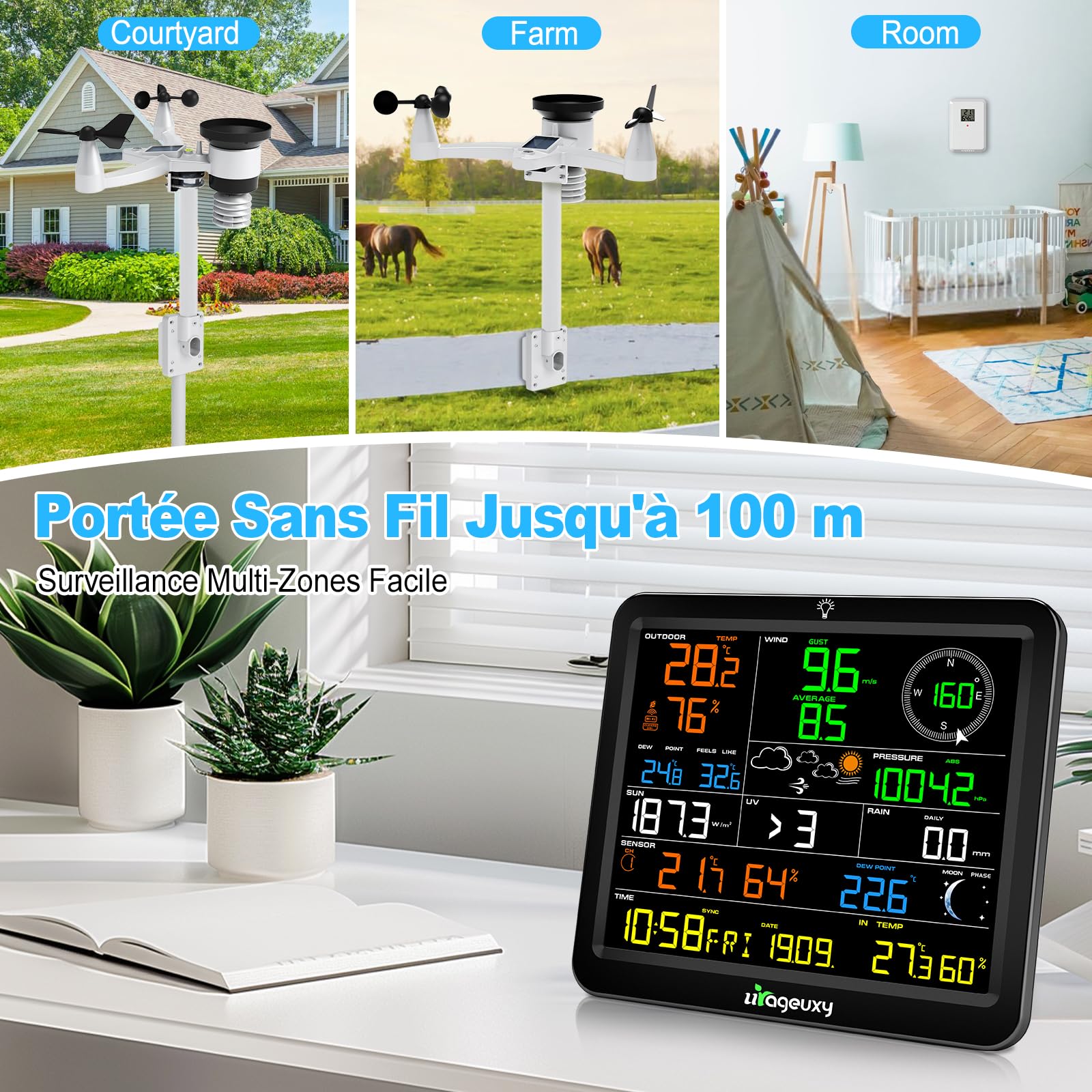 Urageuxy Station Météo WiFi Connectée avec Grand Écran Couleur HD 8,8"