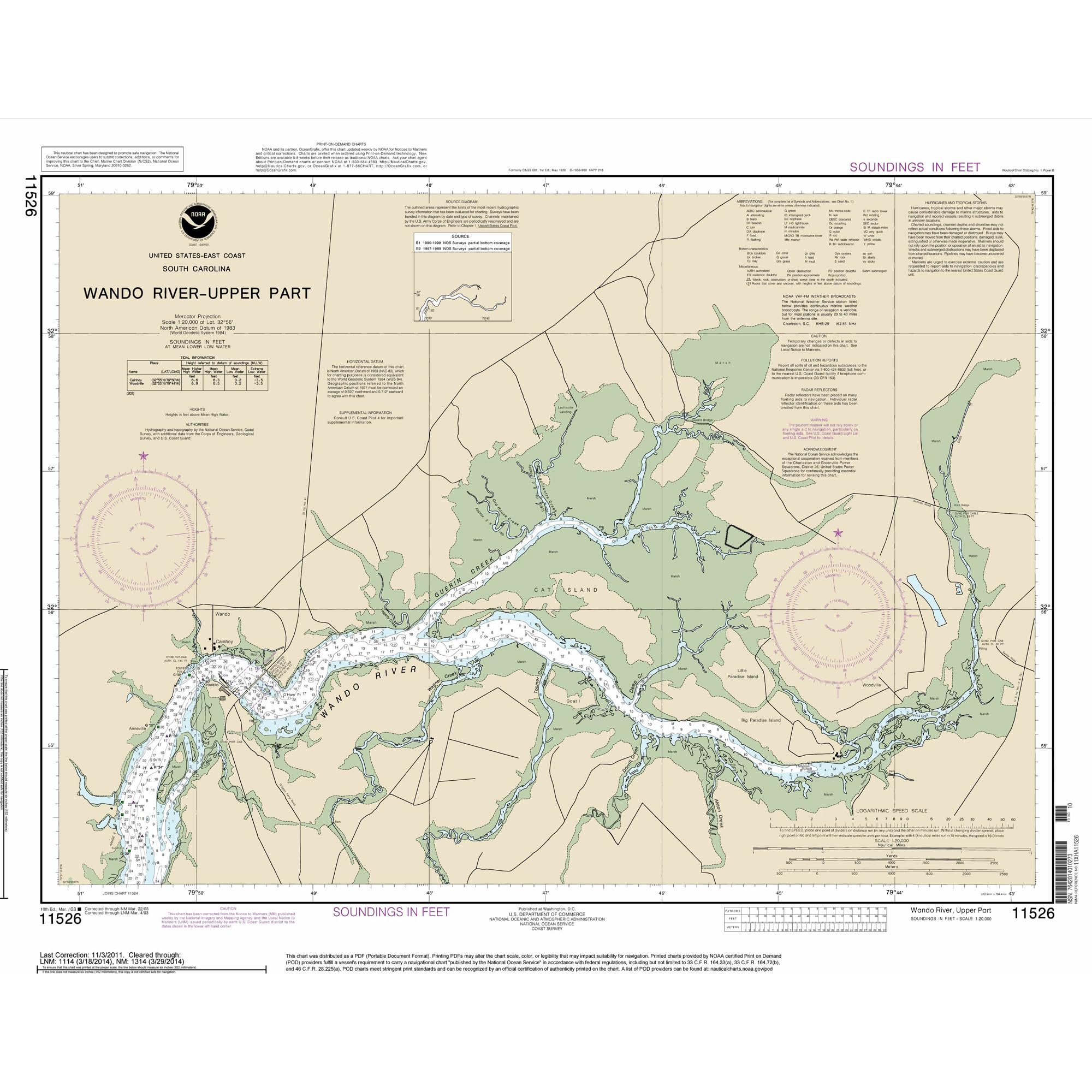 Paradise Cay Publicatoins, Inc. Historical NOAA Chart 11526: Wando River Upper Part - Print on Demand - Historic Version or Updated NCC
