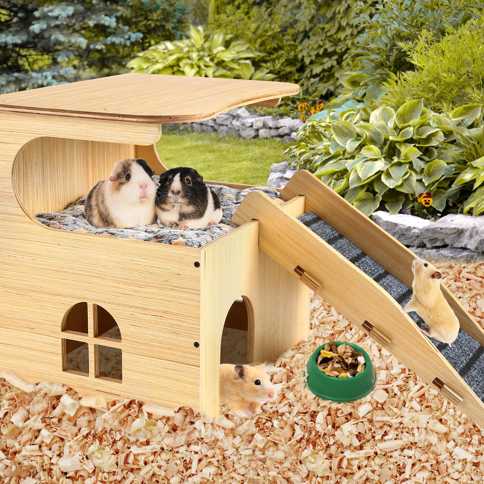 Château de cochon d'Inde, cachette château pour cochon d'Inde, maison en bois pour hamster avec escaliers et tapis, petit lit durable pour cochillons, chinchilla, rat, hamster, lapin