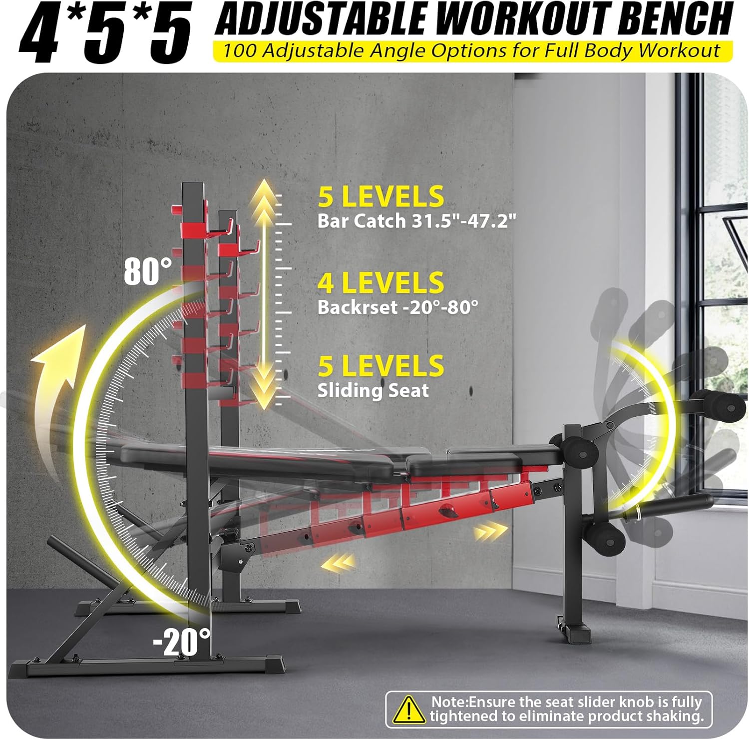 Adjustable workout bench showing backrest and seat levels
