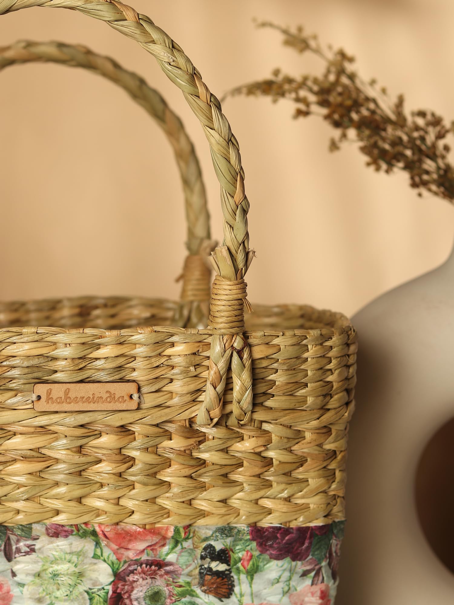 Habere India-All the Cultures Fabricating India Wicker Lunch Basket | Picnic Baskets | Cane or Jute Baskets | Seagrass Rectangular Shopping Basket - Multi (Design 03) 1