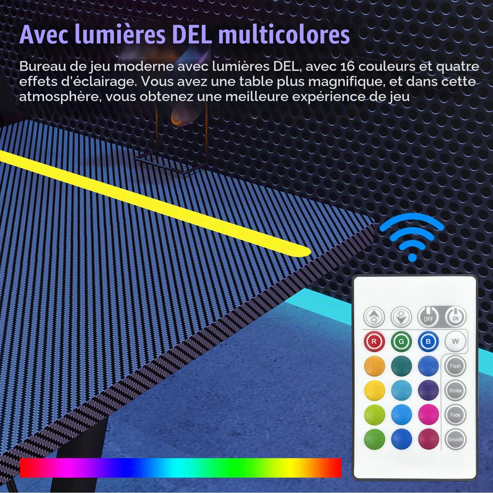 Bureau Gaming LED, Table Gaming avec Prise Electrique, 2 Prises CA, 2 Ports USB, Table Gamer Ergonomique, avec Support de Moniteur