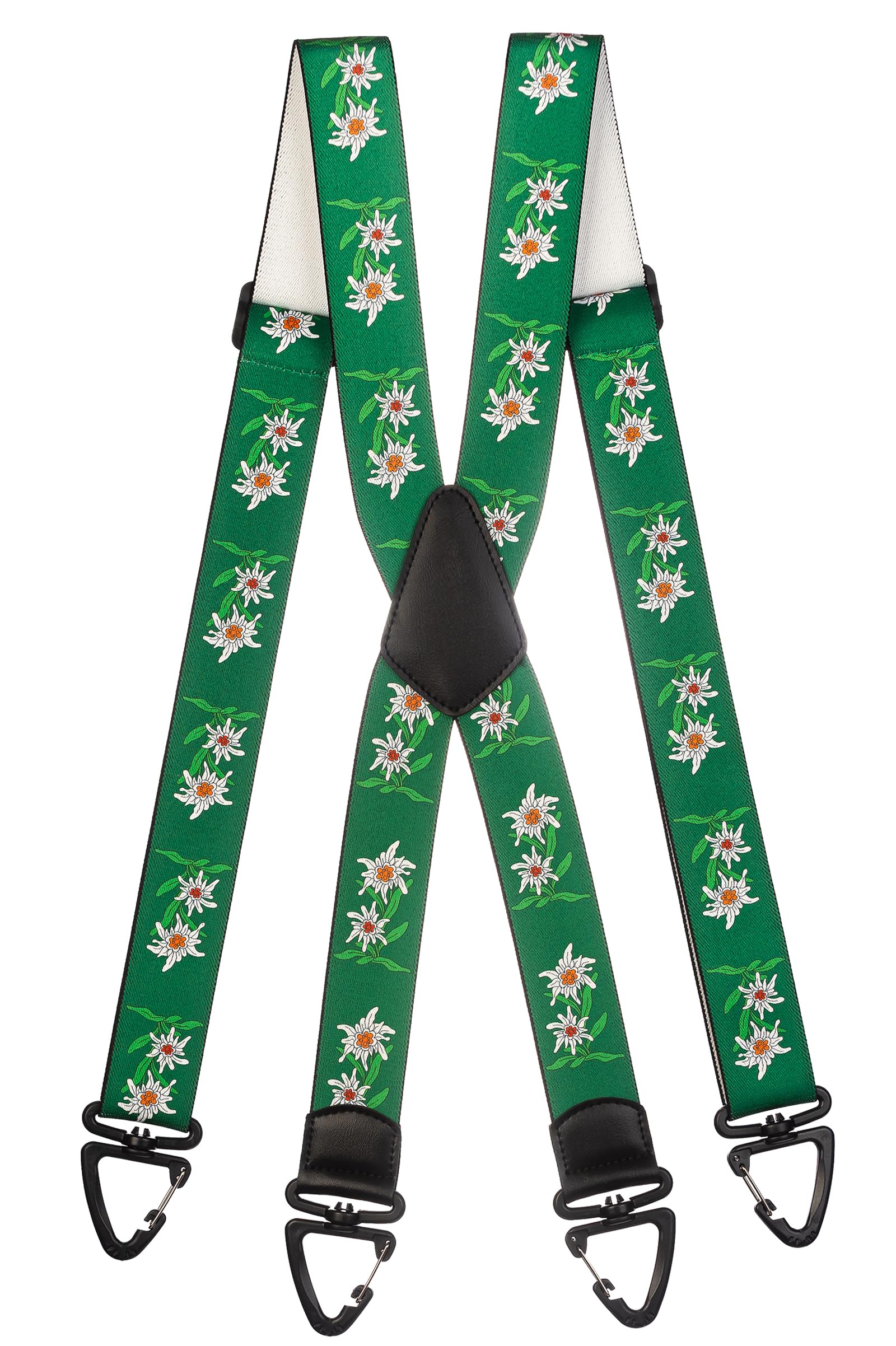 Olata Heavy Duty X-Shape Braces/Suspenders with Edelweiss Pattern and Plastic Carabiner Clips - 4cm. Green