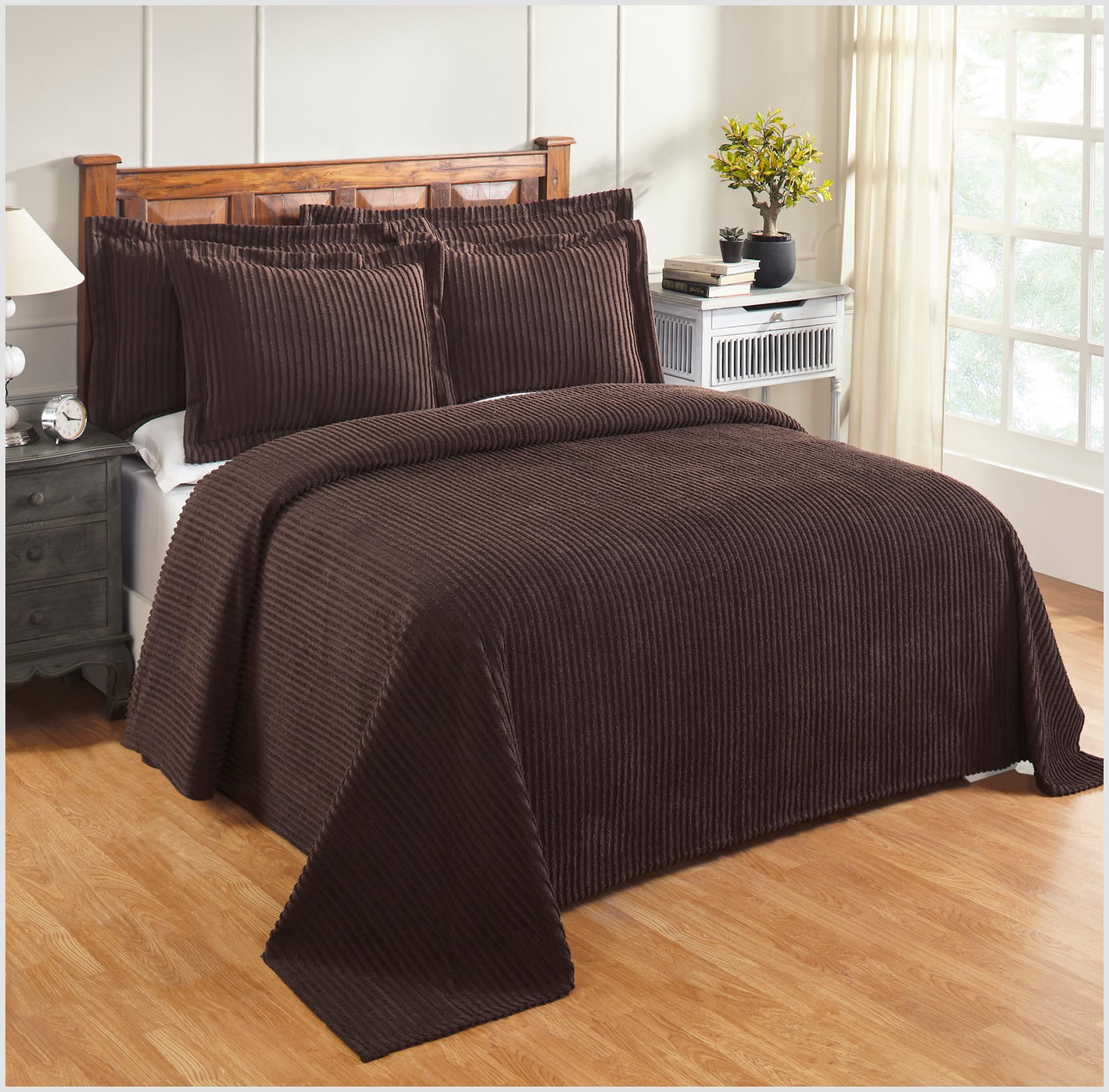 Better Trends Chenille Bedspreads King Size, Chocolate 100% Cotton Chenille Stripe Design Tufted Bedding Coverlet Soft Lightweight, 120"x110" 1 Piece Jullian Collection
