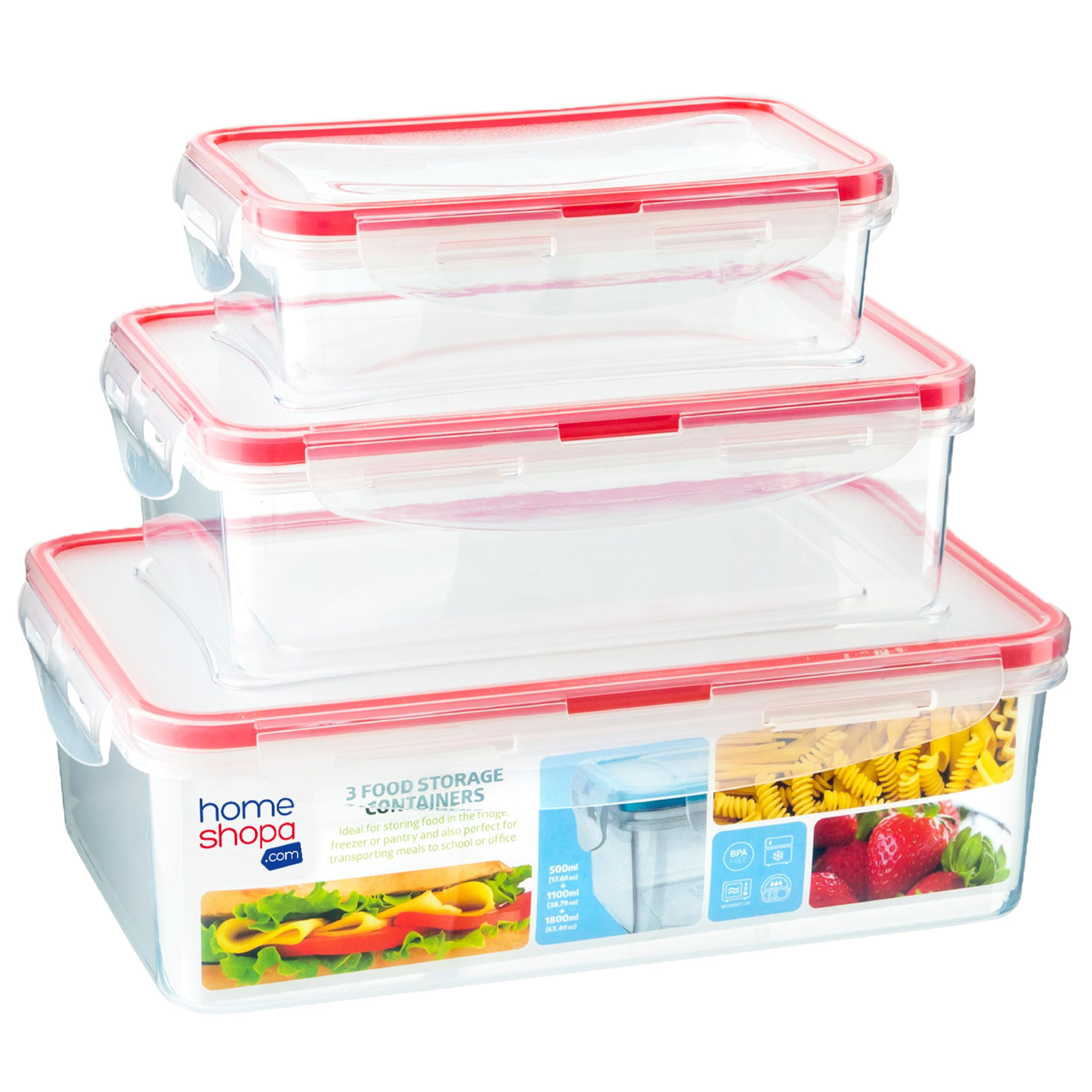 HOMESHOPA Plastic Airtight Food Storage Containers, 3 Pack Rectangle BPA Free Leakproof Stackable Reusable Lunch Boxes, Meal Prep Container for Kitchen & Pantry, Microwave Freezer Dishwasher Safe